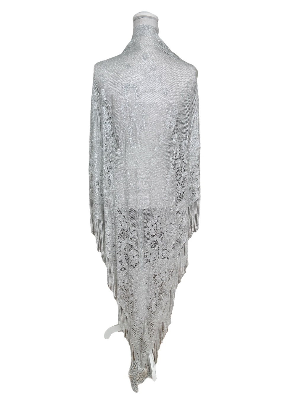 Vintage 70s Sally Gee Scarf Wrap Large Silver Metallic Fringe Boho Made In Japan